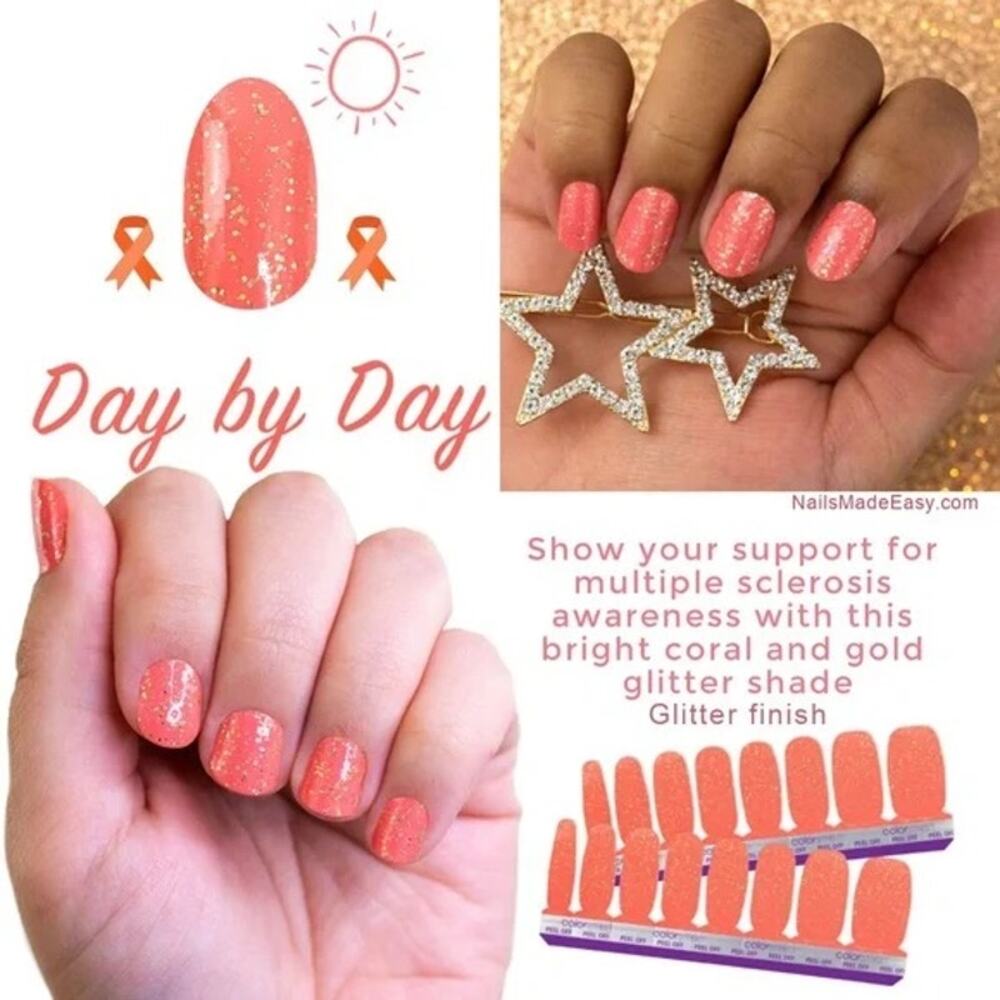 Color Street Day By Day Coral Gold Glitter Multiple Sclerosis Awareness Manicure